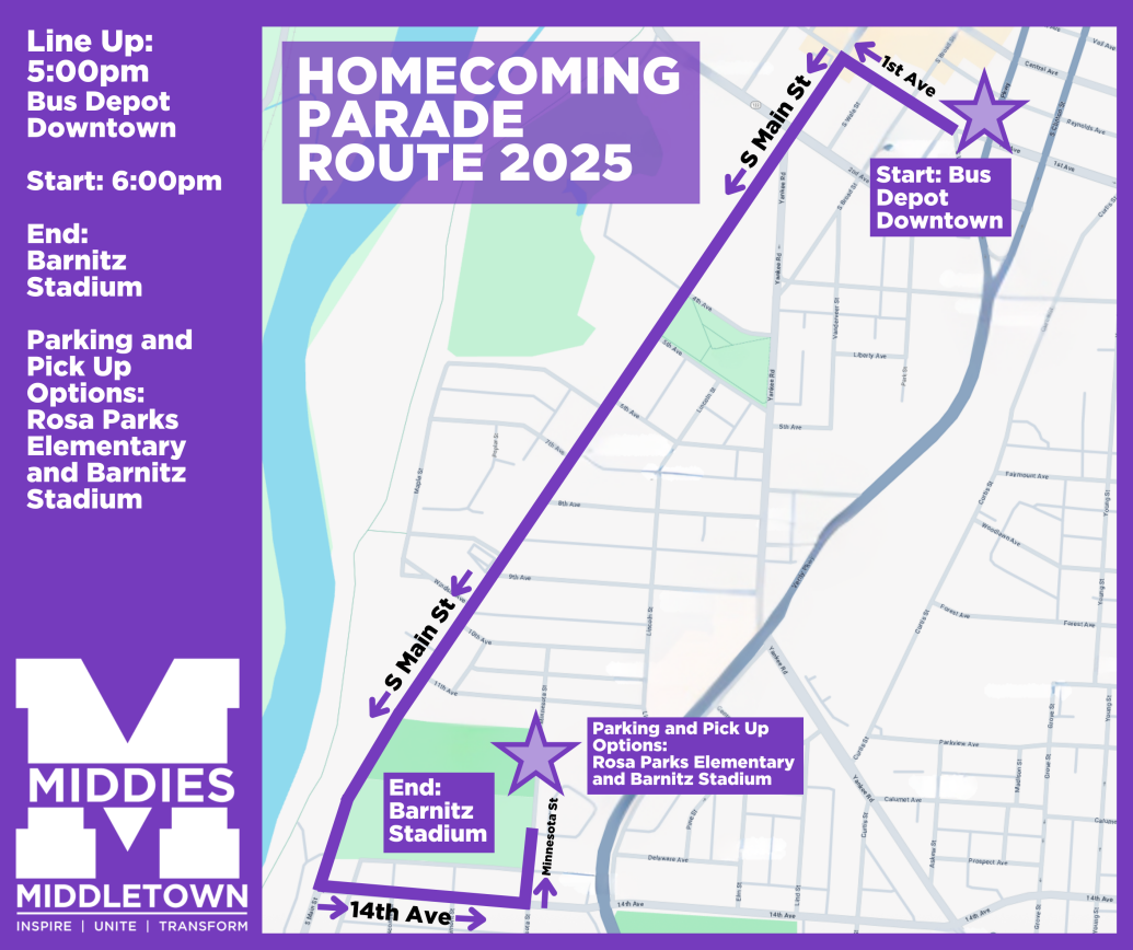 Homecoming parade route with a star at the bus depot downtown to indicate the start of the route, a bold line on 1st Ave to S Main St to show the path of the route and a star at Barnitz Stadium to sho